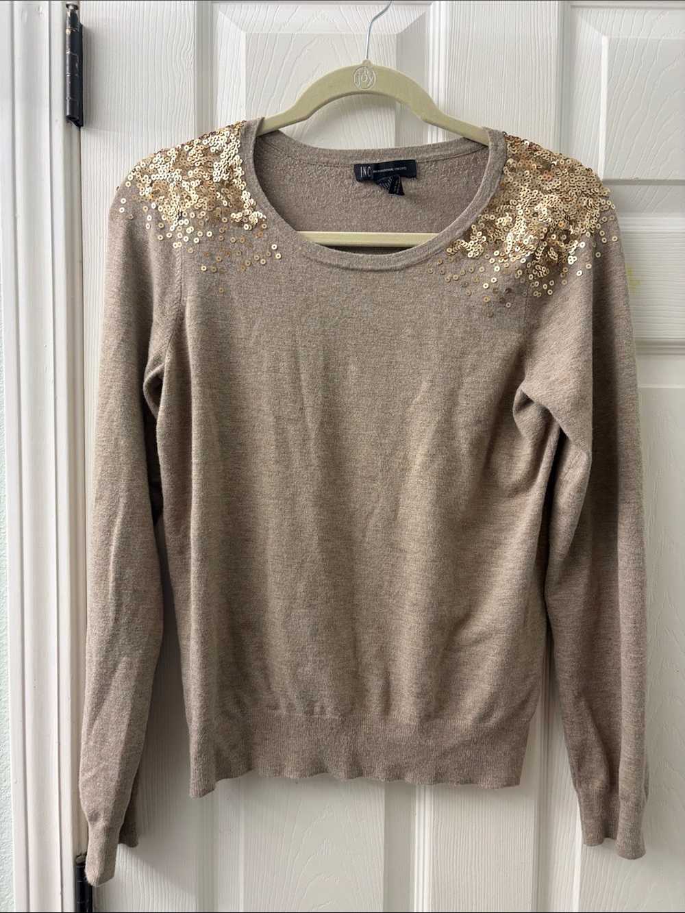 INC International Concepts Taupe Crewneck Sweater with Gold Sequin Shoulders